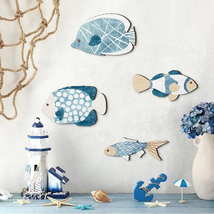 4 Wooden Nautical Fish Wall Sculpture