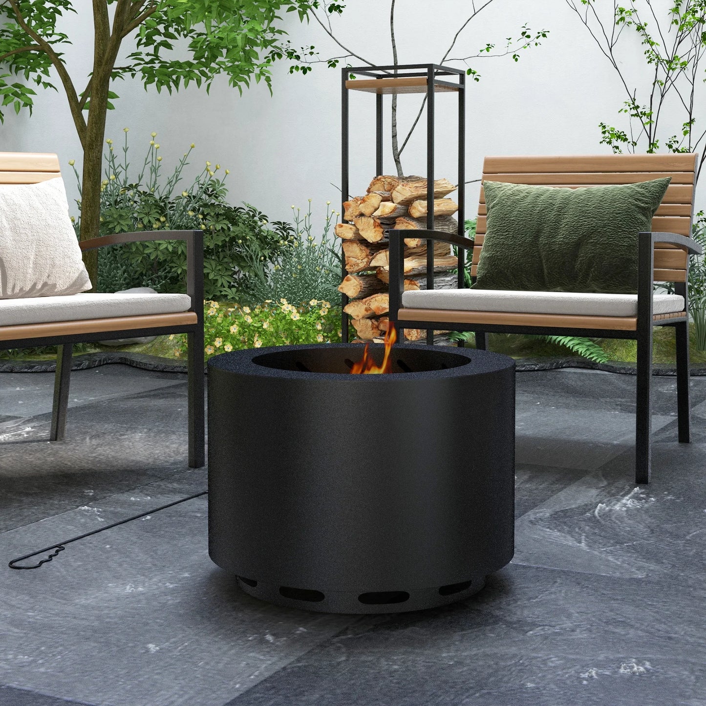 Smokeless Fire Pit with Poker 19" Firepit, Steel