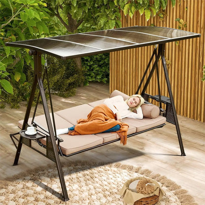 3 Seat Patio Swing with 2 Side Cup Holder, Cushion, and 2 Pillows
