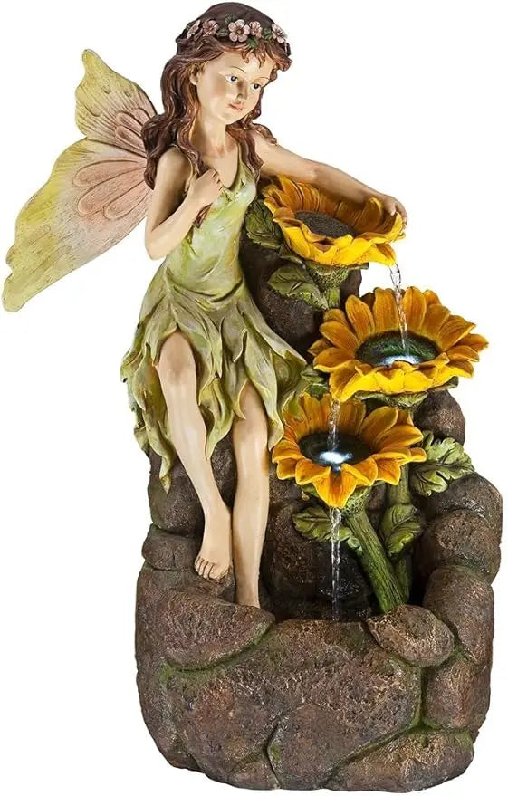 Garden Fairy with Sunflowers Faux Stone Floor Fountain with Light