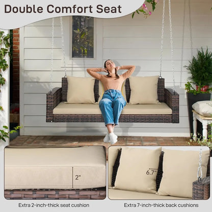 "3-Person Wicker Porch Swing with Cushion and Pillows