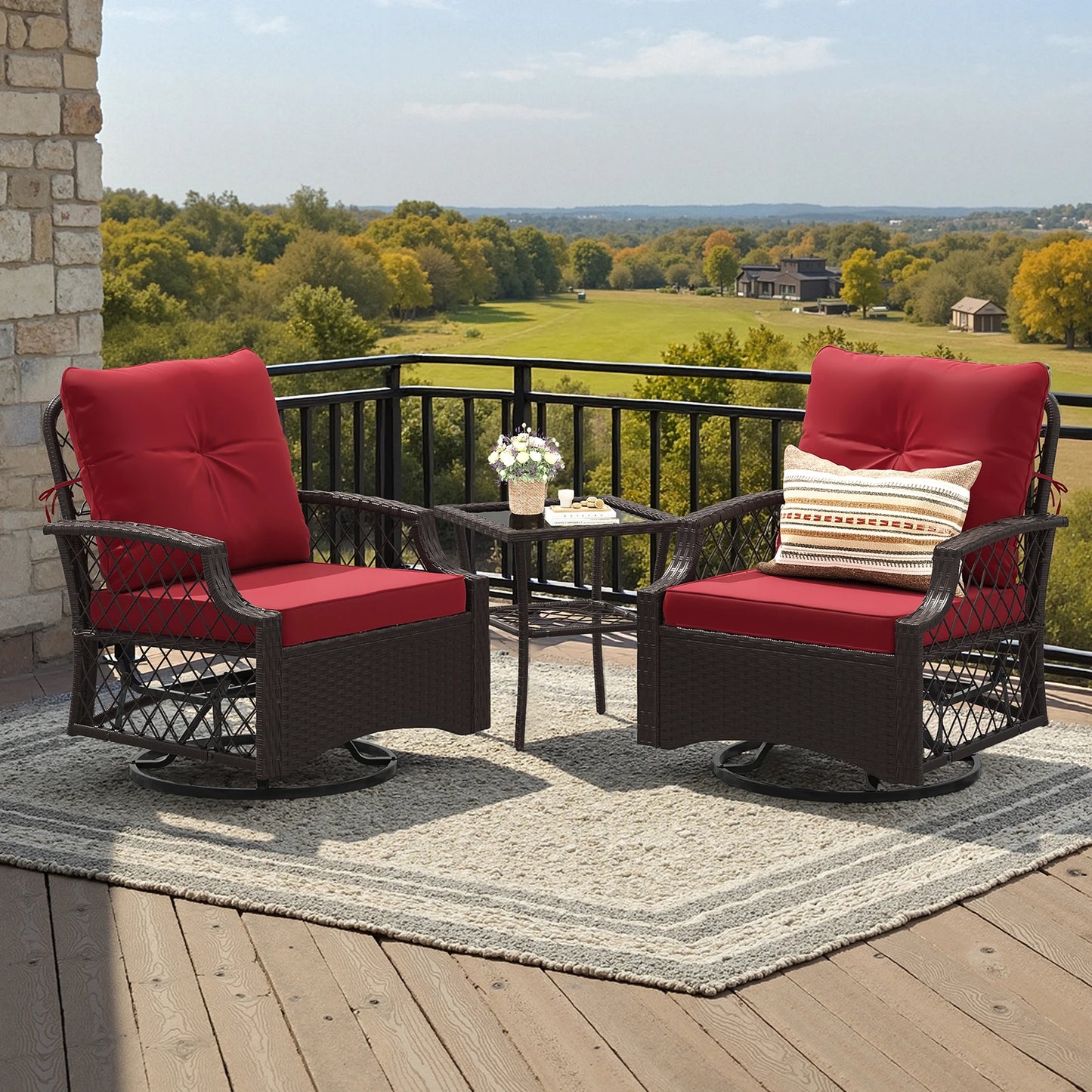3-Piece Swivel Patio Bistro Set with Cushions & Table