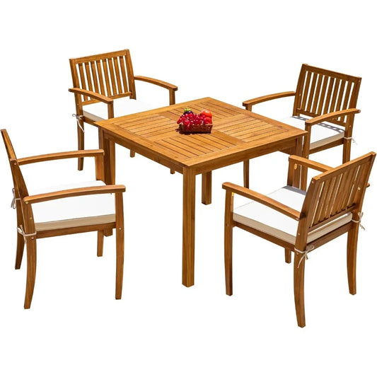 5 Piece Acacia Wood Patio Table and Chairs with Soft Cushions