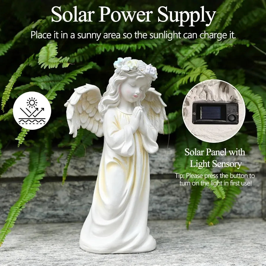 Waterproof Outdoor Angel Garden Statue Solar Decor with Warm Light