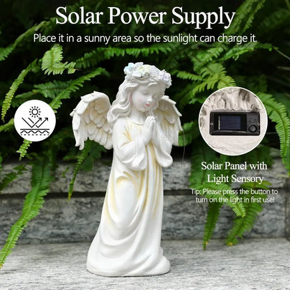 Waterproof Outdoor Angel Garden Statue Solar Decor with Warm Light
