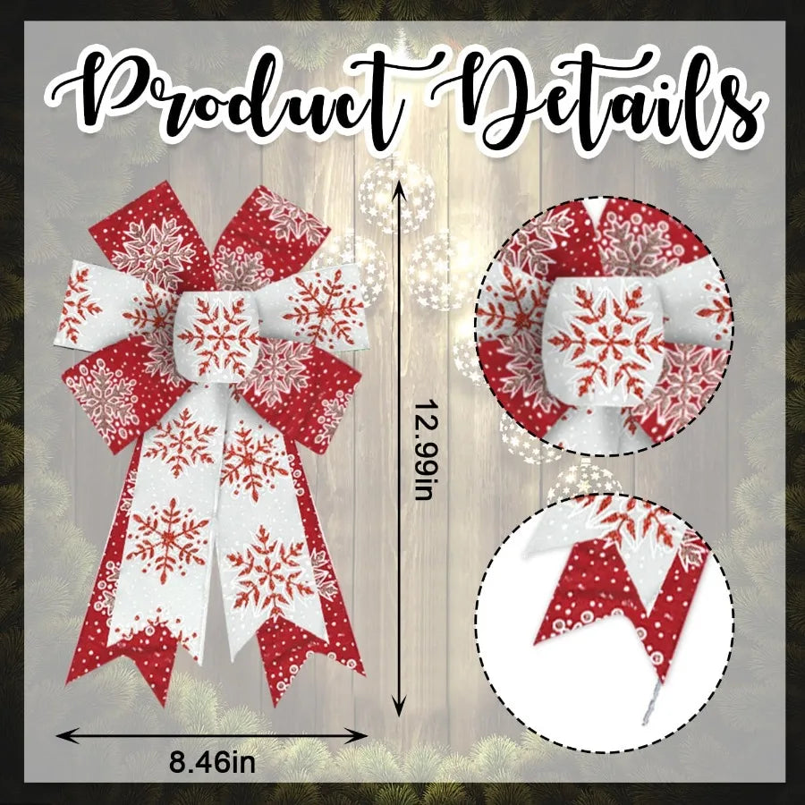 2 Pieces Christmas Glitter Red White Burlap Bows with Snowflake Design