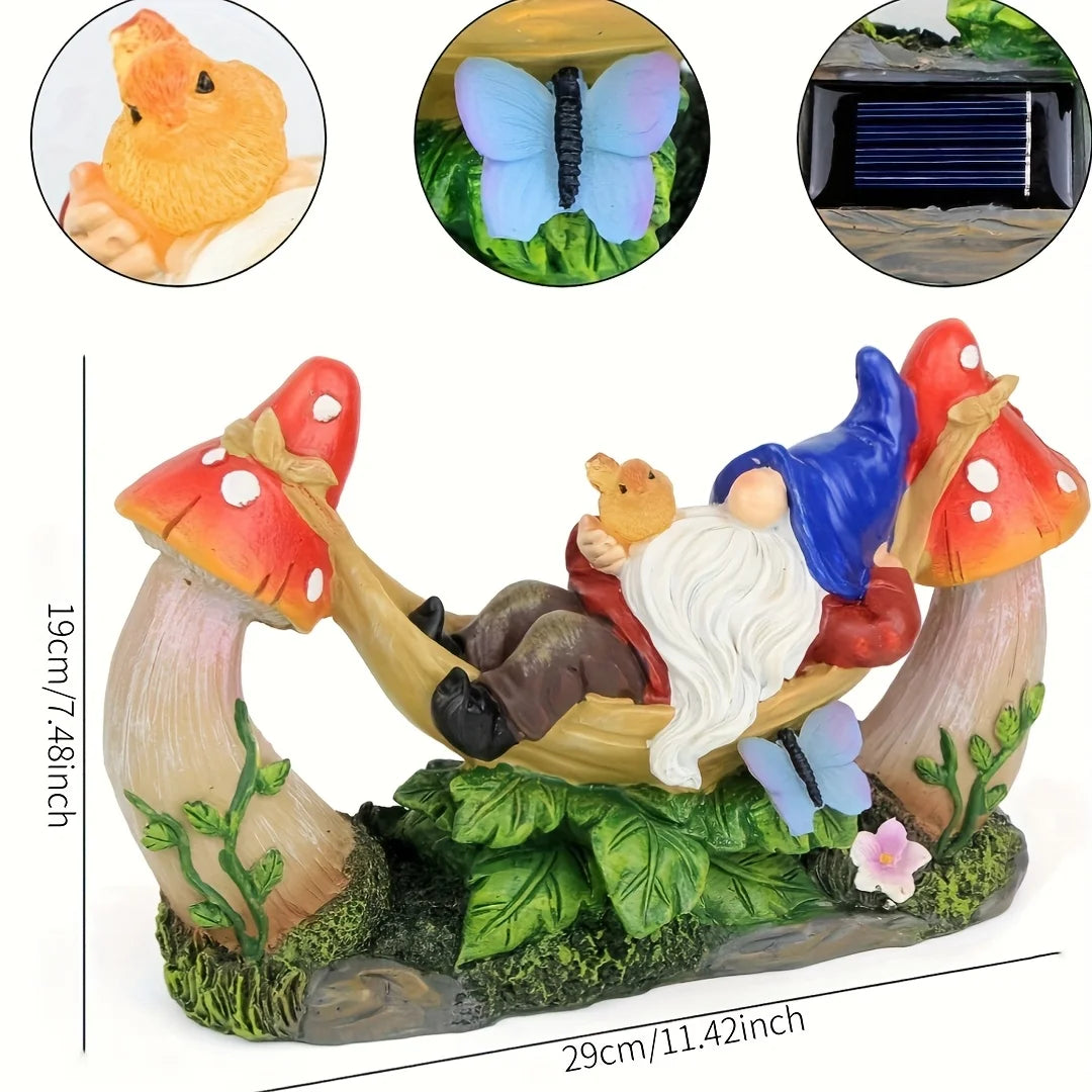 Solar Gnome Figurine Lying on Hammock with Bird and Mushroom