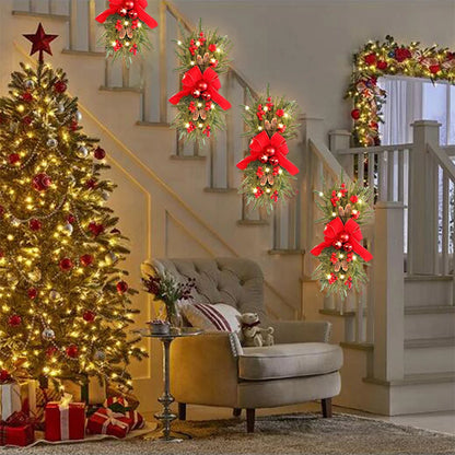 Artificial Prelit Stairway Trim with Pinecones&Bowknot Bells Christmas Decor Wreath for Stair Front Door Decoration