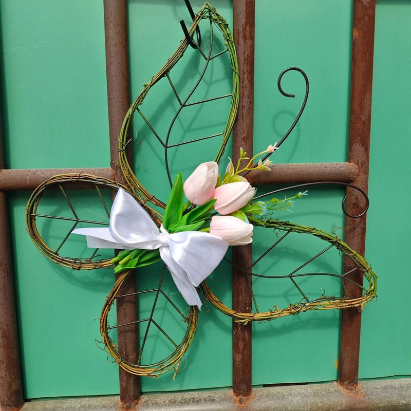Spring Artificial Tulip Flowers Farmhouse Butterfly Shaped Wreath