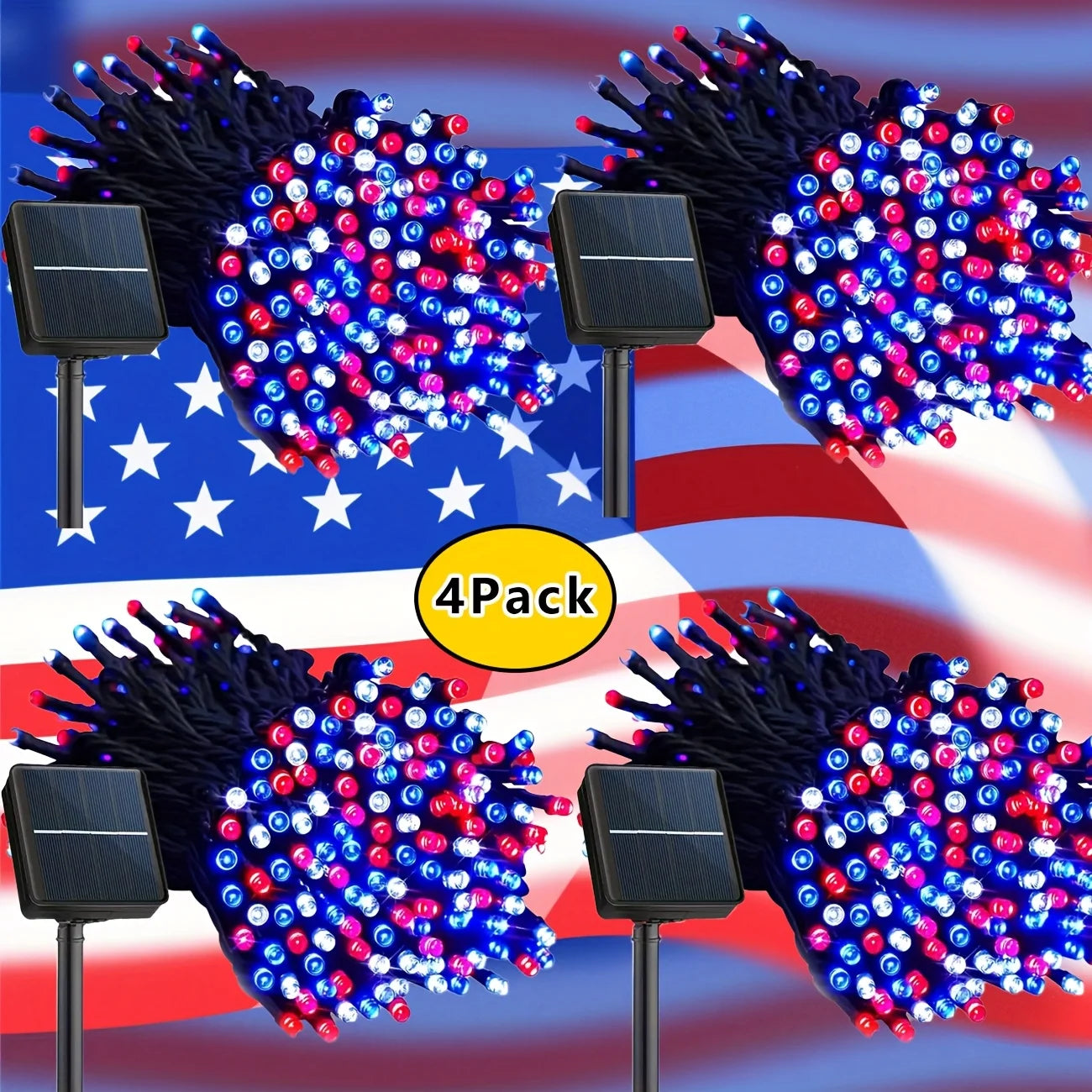 4 Pack 160ft 400LED Solar Powered Red White & Blue String Lights