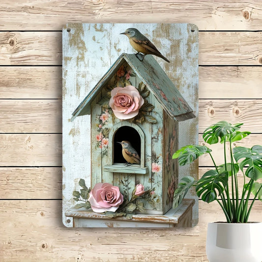 Decorative Metal Birdhouse Plaque with Flowers
