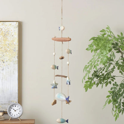 40 Inch Ceramic Fish Windchime with Driftwood and Wooden Beads