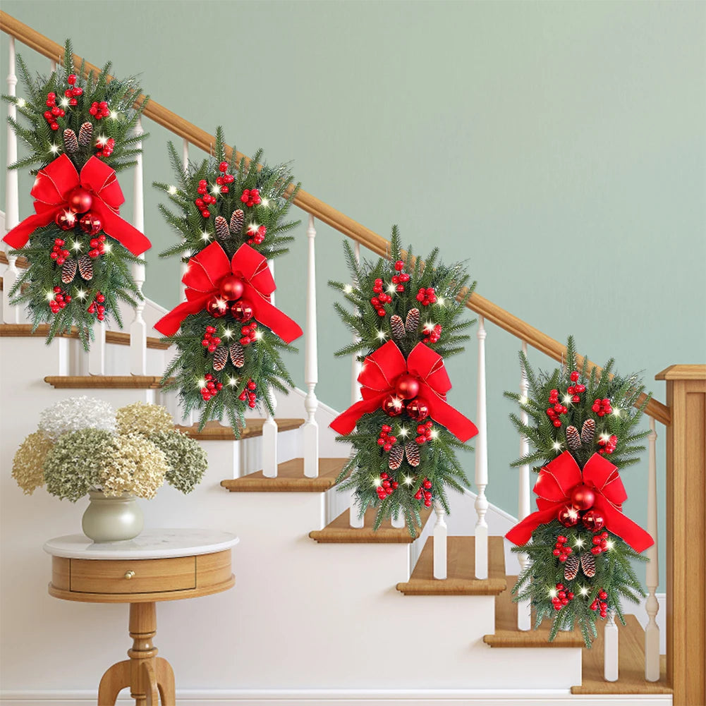 Artificial Prelit Stairway Trim with Pinecones&Bowknot Bells Christmas Decor Wreath for Stair Front Door Decoration