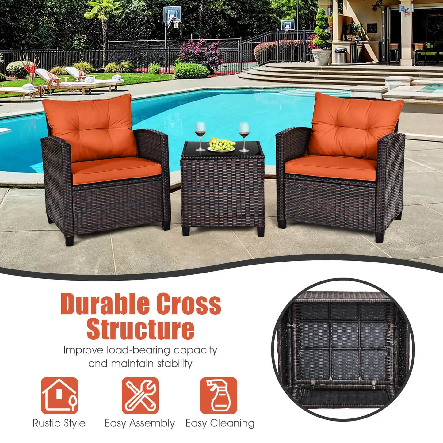 3 PCS Patio Rattan Furniture Set with Cushions
