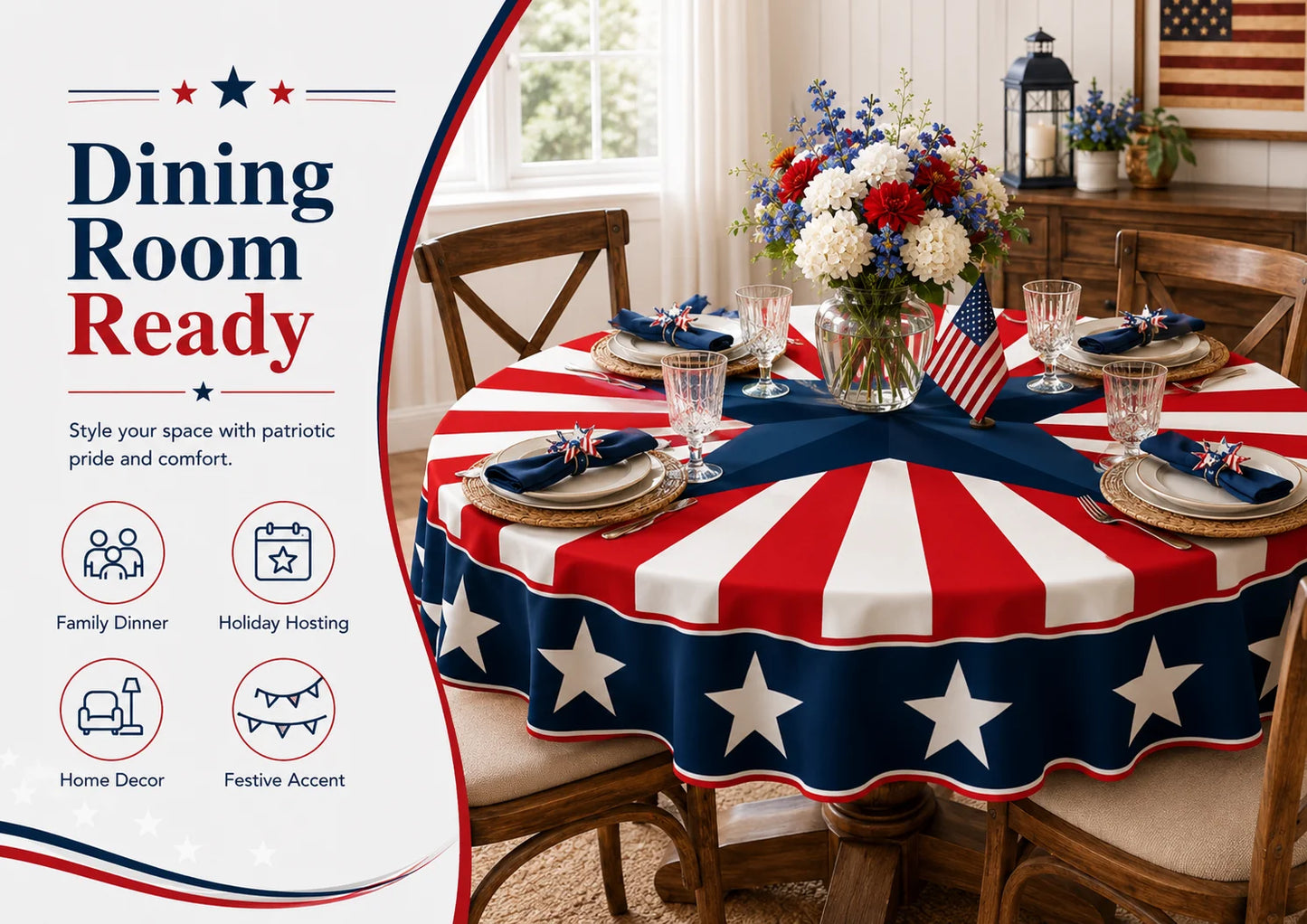 Round Patriotic Tablecloth Red White Blue Star Stripes Print