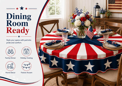 Round Patriotic Tablecloth Red White Blue Star Stripes Print