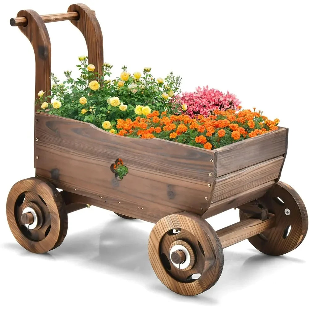 4-Wheel Wood Garden Wagon Decor with 2 Drainage Holes