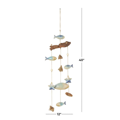 40 Inch Ceramic Fish Windchime with Driftwood and Wooden Beads