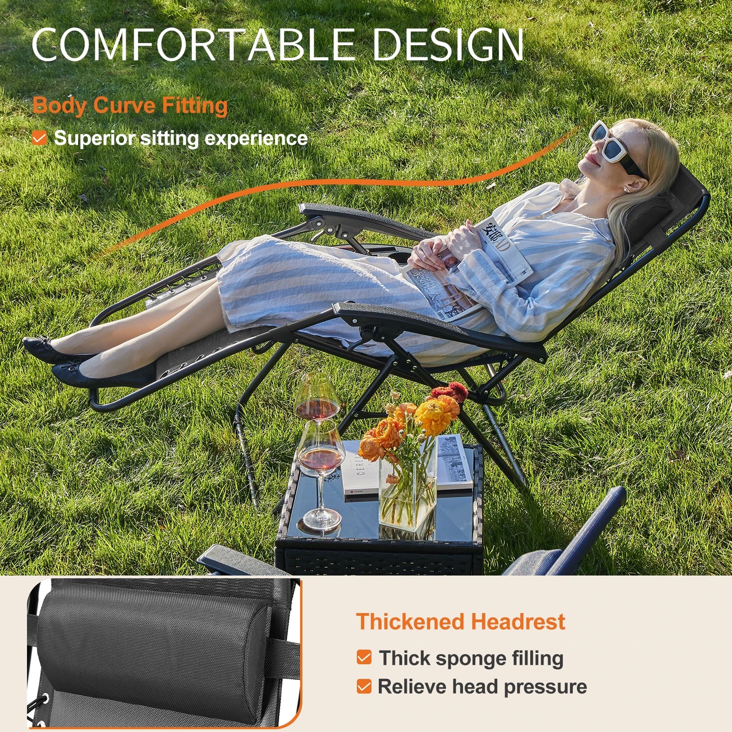 Set of 2 Zero Gravity Portable Lounge Chair with Cup Holder Trays Adjustable Pillow