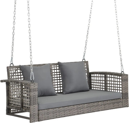 "3-Person Wicker Porch Swing with Cushion and Pillows