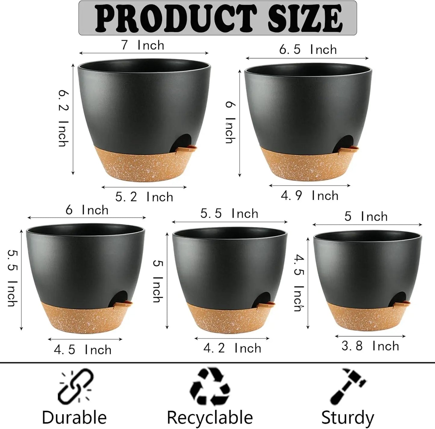 5-Pack Self Watering Plant Pots with Drainage Holes