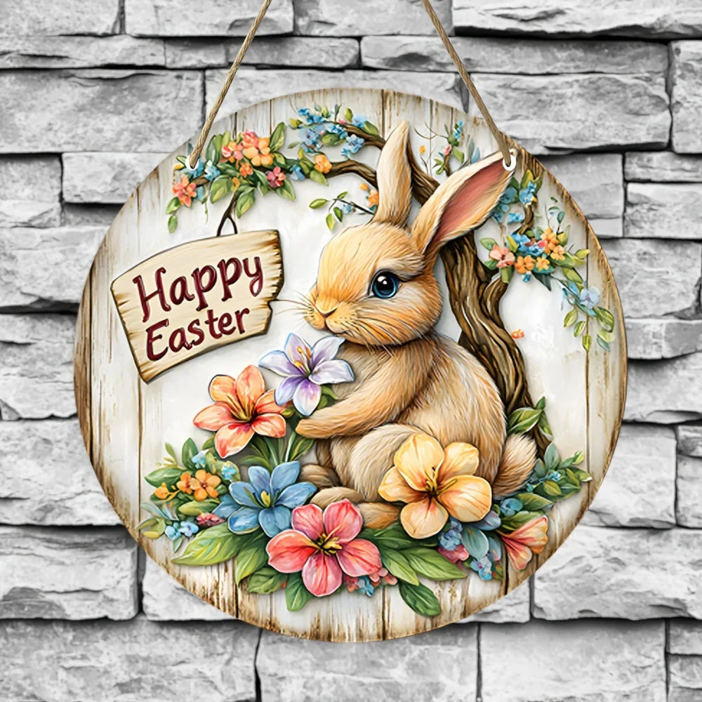 Farmhouse Easter metal sign with Bunny Logo, Lilies & Spring Decor