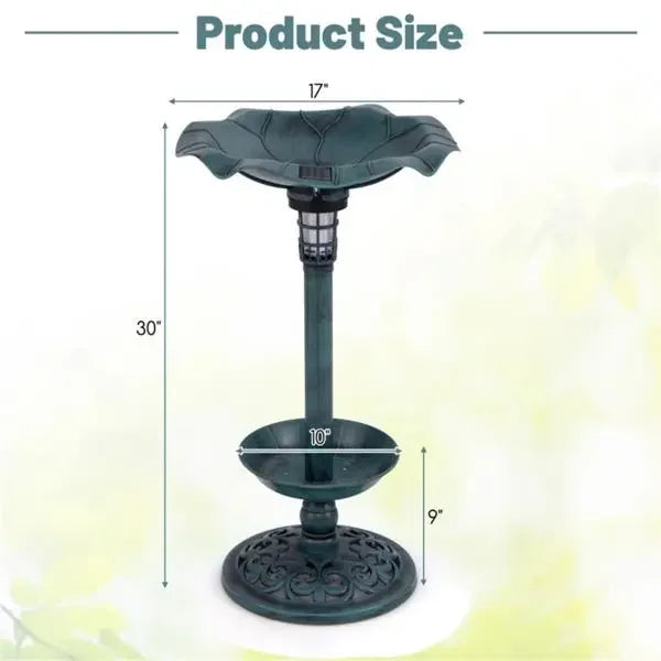 Green Standing Pedestal Birdbath and Feeder Combo with Solar Powered Lamp