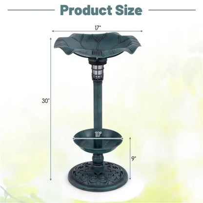 Green Standing Pedestal Birdbath and Feeder Combo with Solar Powered Lamp