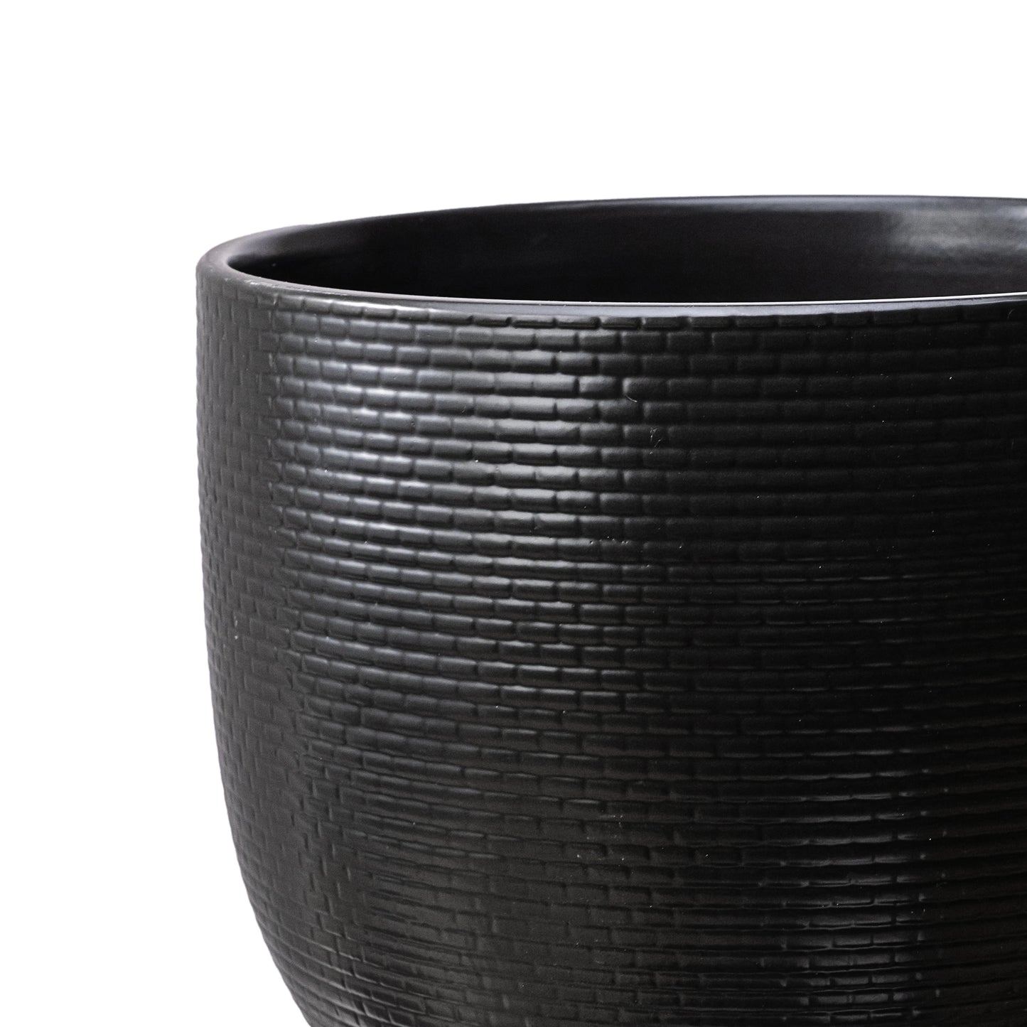 10 inch black ceramic planter with woven texture and modern design