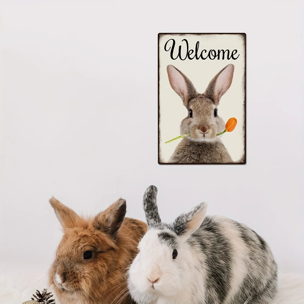 1pc Welcome Metal Sign, Vintage Rabbit