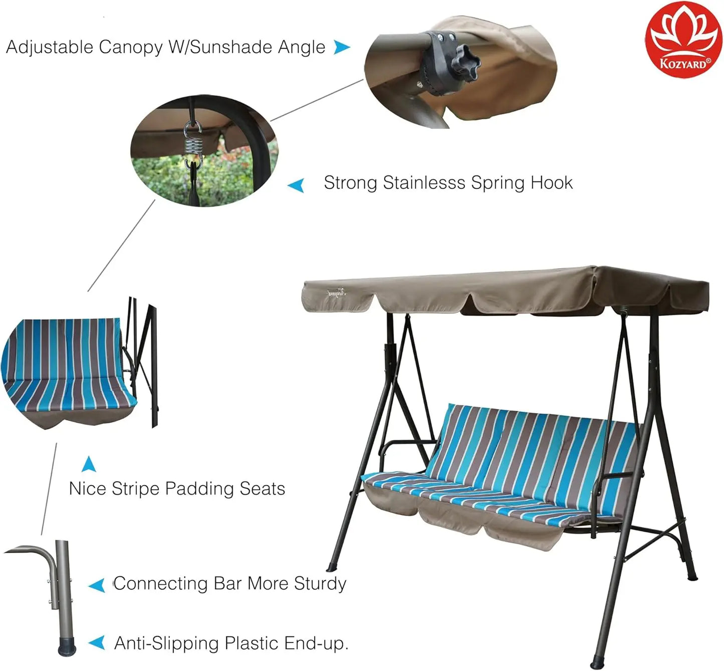 Patio Swing with Strong Steel Frame, Adjustable Canopy and Removable Cushion