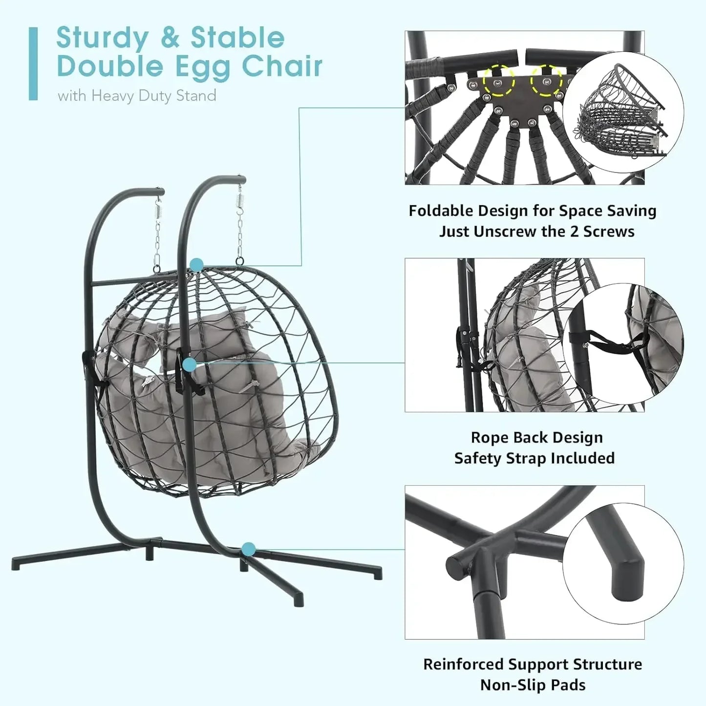 2 Person Double Egg Swing Chair with Stand Indoor Outdoor