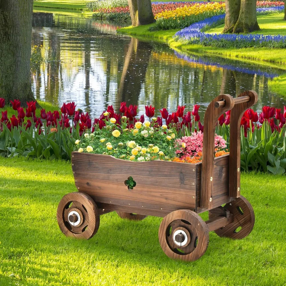 4-Wheel Wood Garden Wagon Decor with 2 Drainage Holes