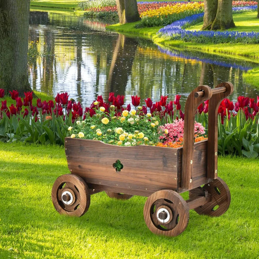 4-Wheel Wood Garden Wagon Decor with 2 Drainage Holes