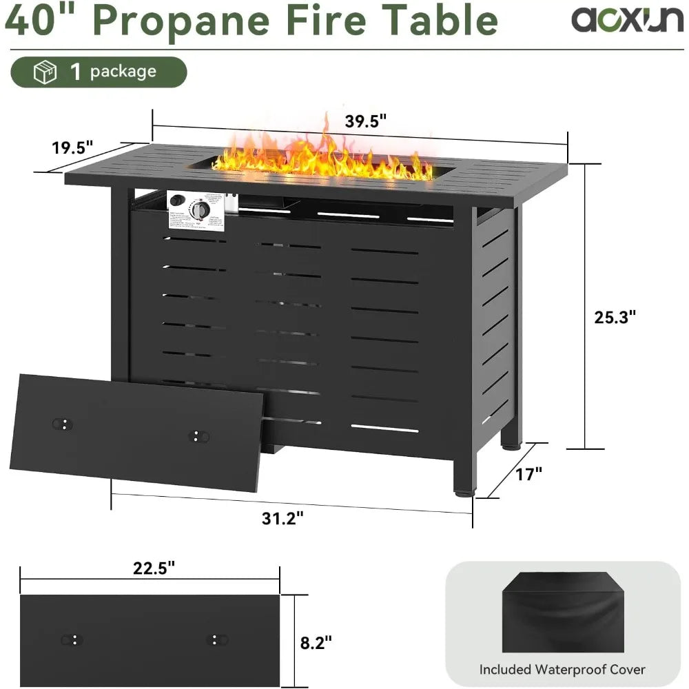41 in Propane Rectangular Steel Fire Table with Lid and Waterproof Cover