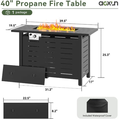 41 in Propane Rectangular Steel Fire Table with Lid and Waterproof Cover