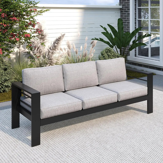 3-Seat Metal Outdoor Sofa With Water-Resistant Cushions