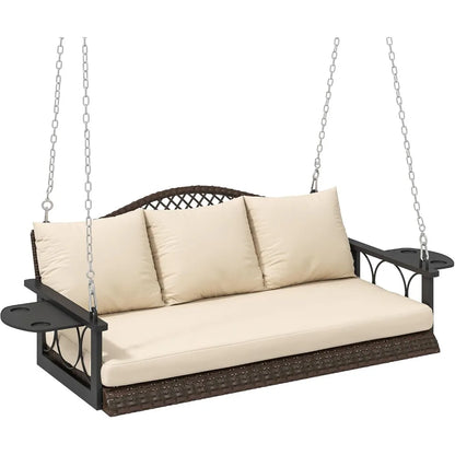 3 Person Wicker Porch Swing with Cup Holder
