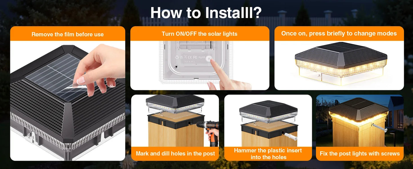6/12 Pack Solar Post Cap Lights with 3 Modes