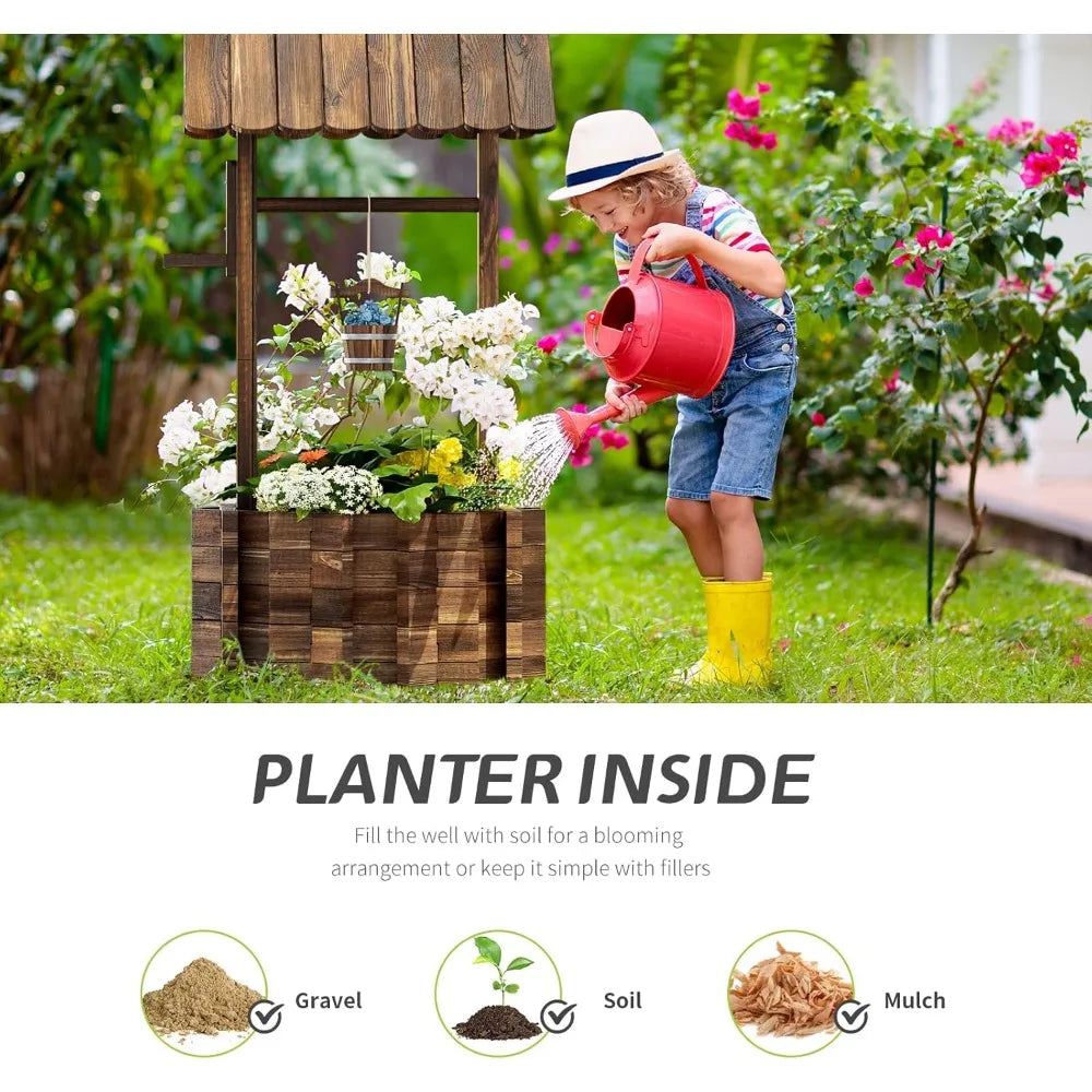 Outdoor Wooden Wishing Well Planter with Hanging Bucket for Flower and Plants