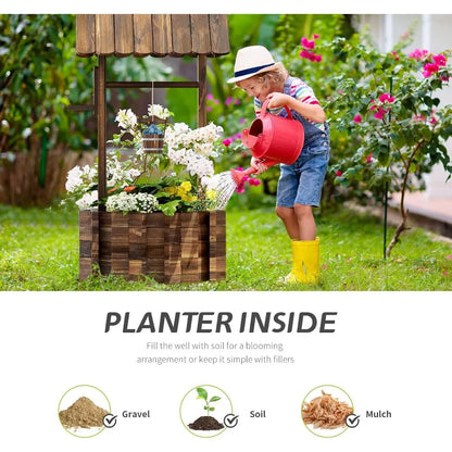 Outdoor Wooden Wishing Well Planter with Hanging Bucket for Flower and Plants