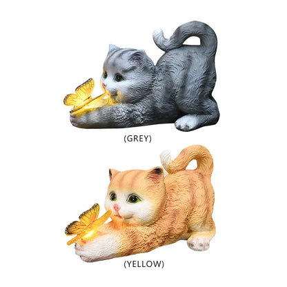 Cute Cat and Butterfly Solar Garden Statue