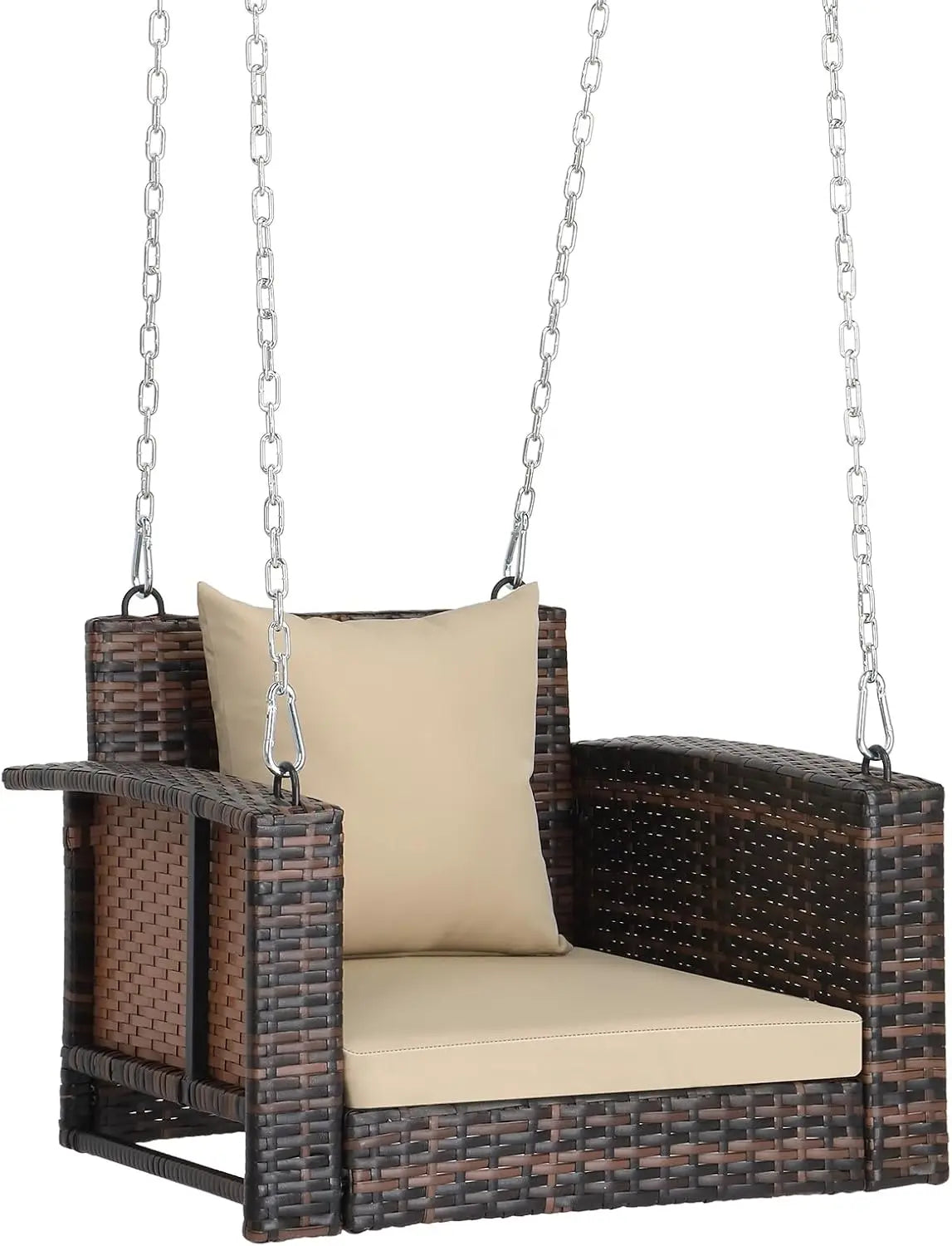 "3-Person Wicker Porch Swing with Cushion and Pillows