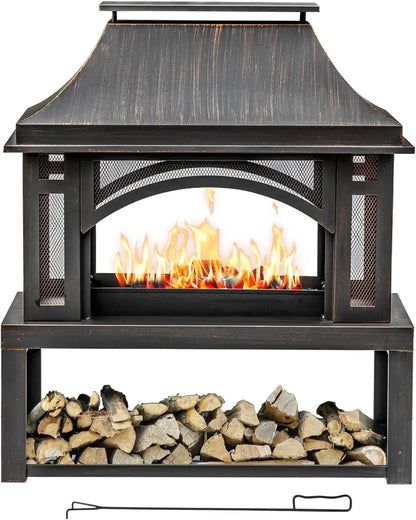 Large Wood Burning Outdoor Fireplace with Chimney with Wood Storage
