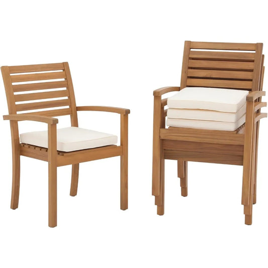 Stackable Outdoor Acacia Wooden Chairs w/Armrest & Removeable Fabric Cushion Set of 4,