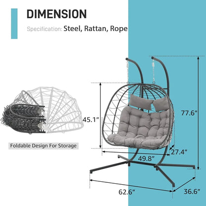 2 Person Double Egg Swing Chair with Stand Indoor Outdoor