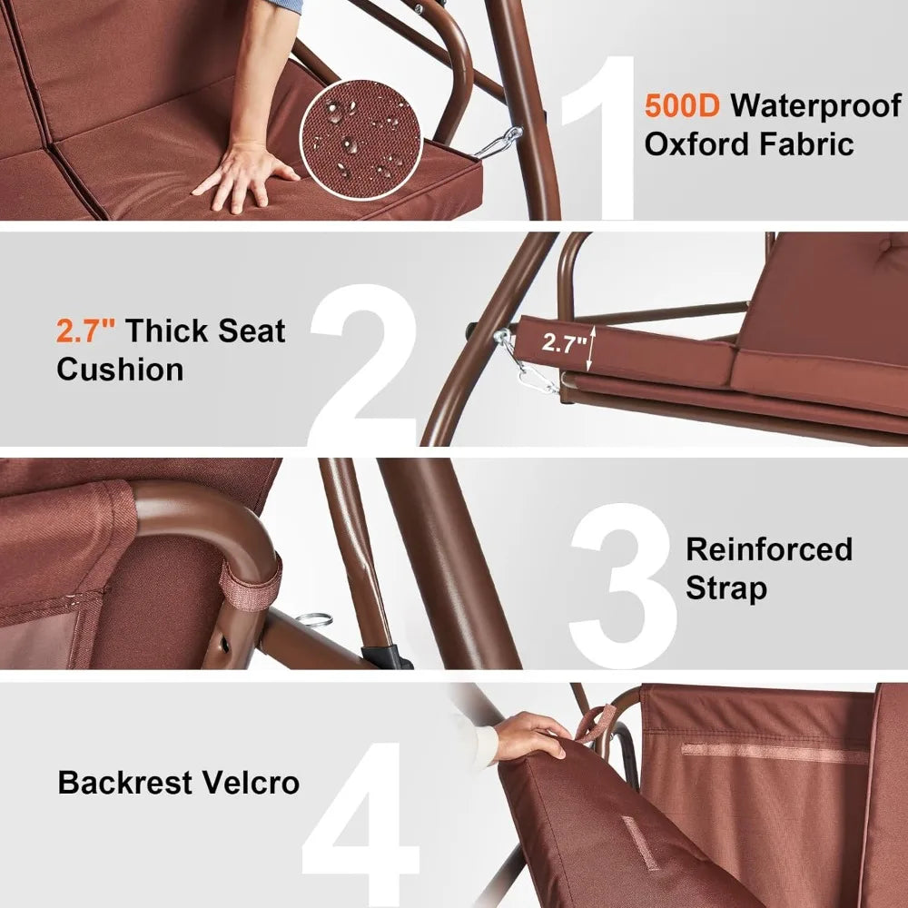 3-Seat Patio Swing Chair, with Removable Thick Cushions