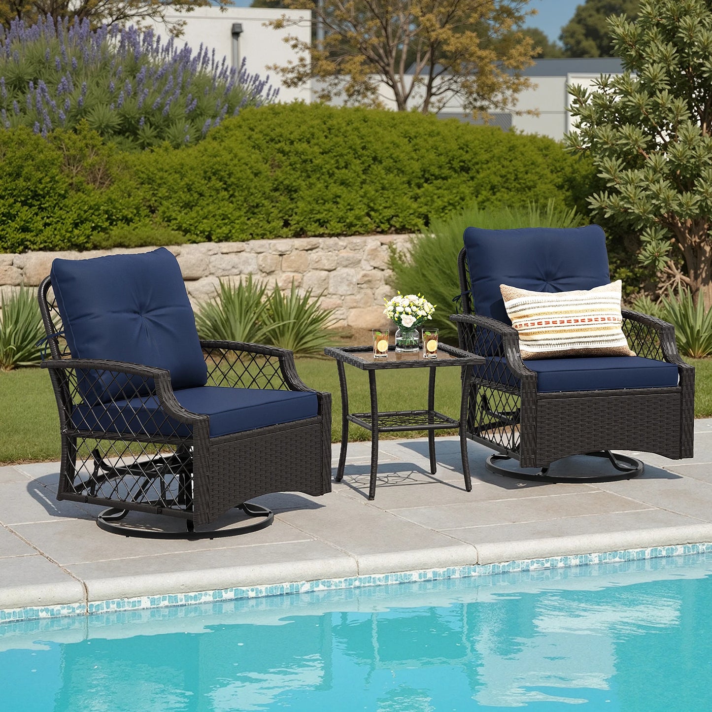 3-Piece Swivel Patio Bistro Set with Cushions & Table