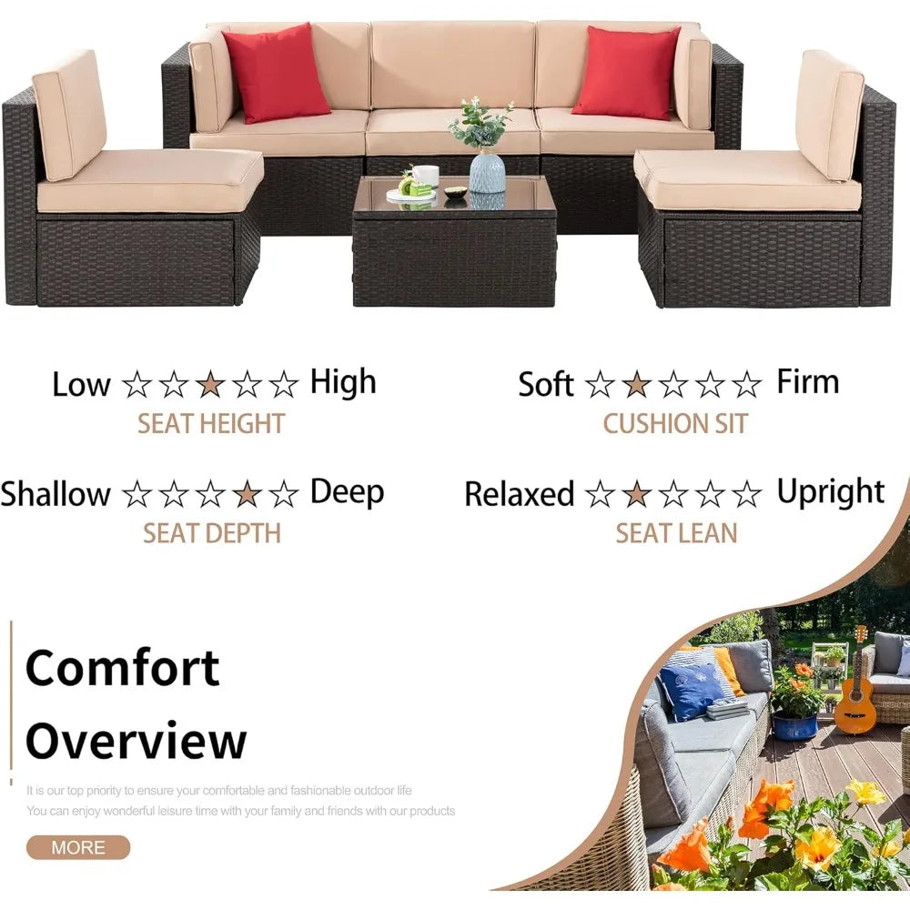 6 Pieces Patio garden furniture set w/Glass Table, Ottoman, Cushion and Pillows