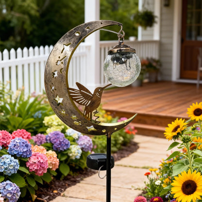 Solar-powered moon-shaped with hummingbird and glass ball yard decor